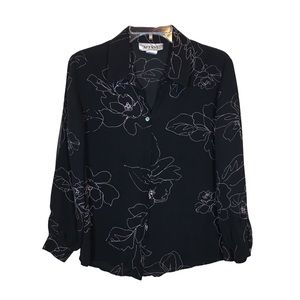 Vintage Silk Floral Button Front Black & Pink Blouse Size 12